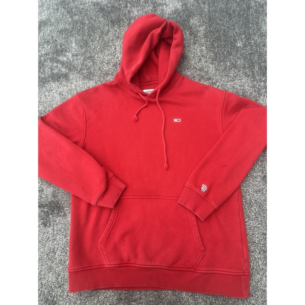 Vintage Tommy Jeans Hoodie Men's Medium Red Flag Logo Distressed Faded 90s Y2K